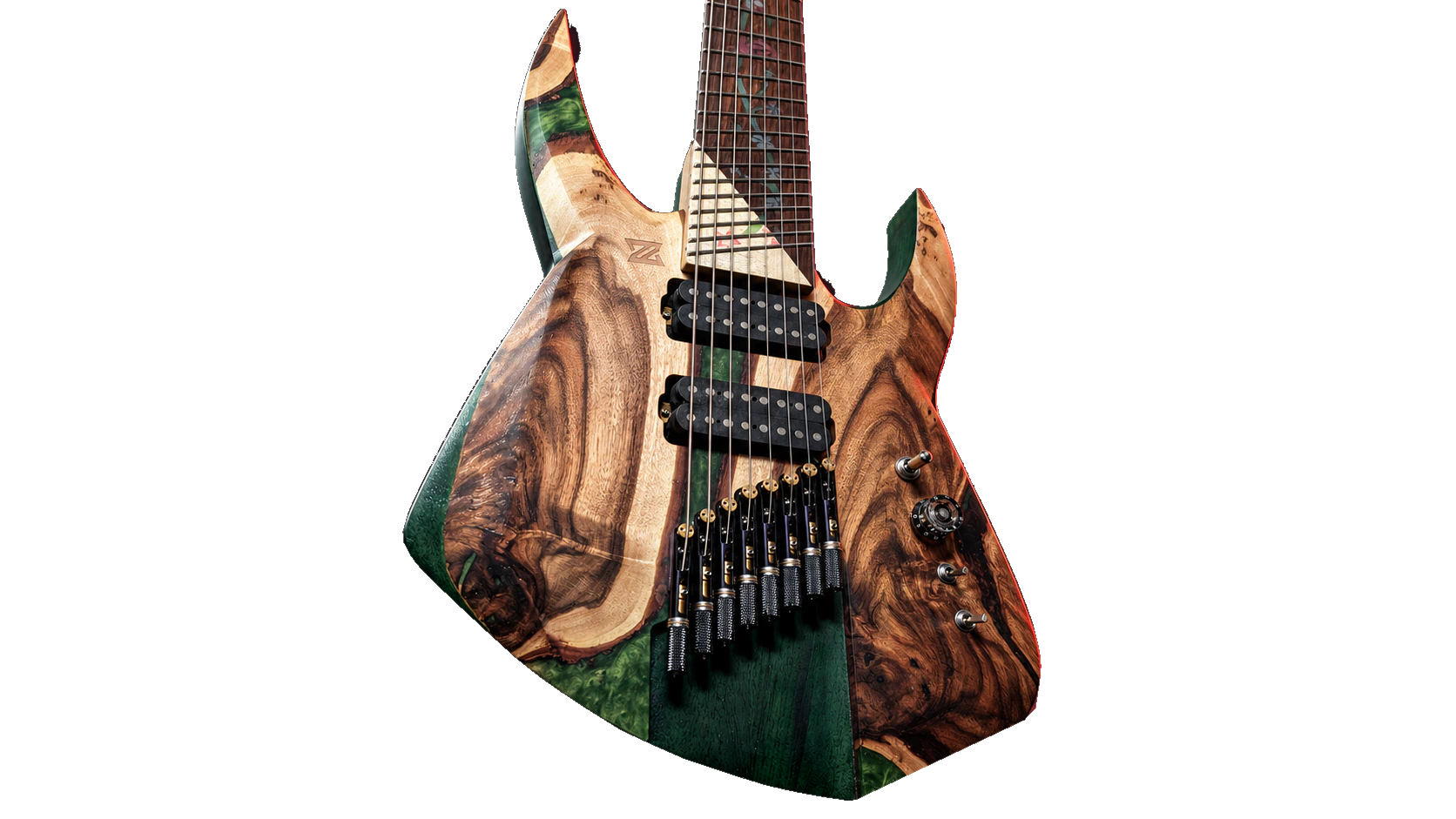 Llamas custom eight-string guitar in walnut burl and green resin