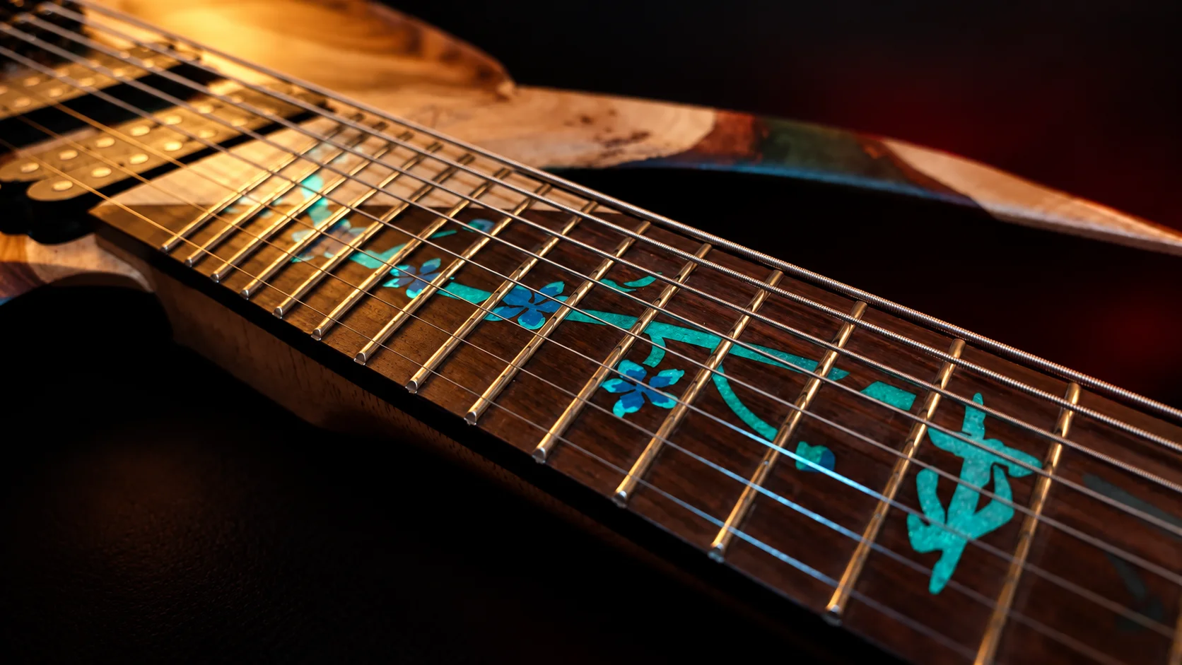 Fretboard inlay on a Llamas eight-string custom build